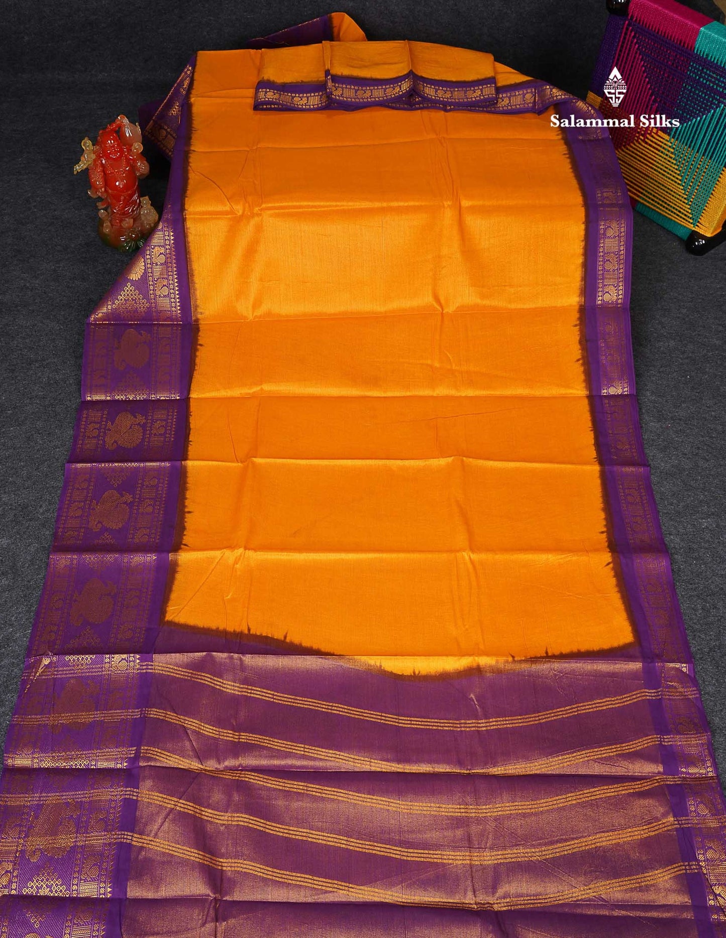 Sungudi Cotton Saree - Mango Yellow Colour Body Vaira Oosi Lines With Purple Traditional Evening Morning Border
