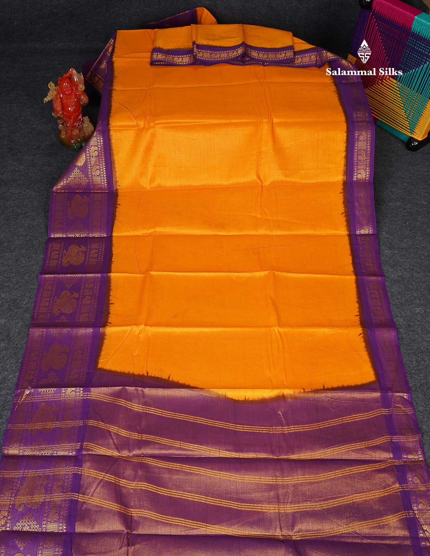 Sungudi Cotton Saree - Mango Yellow Colour Body Vaira Oosi Lines With Purple Traditional Evening Morning Border