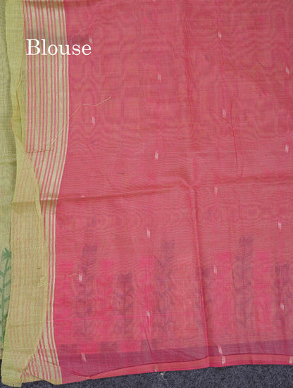 Beautiful Light Yellow Menakari Thread Work Butta Muga Cotton Saree With Contrast Pink Blouse