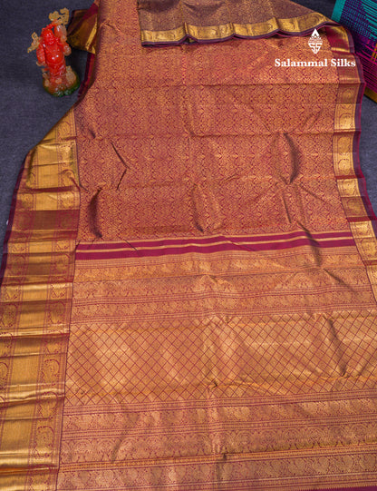 Beautiful Dark Maroon 2G Pure Kanjivaram Silk Saree With Traditional Evening Morning Border