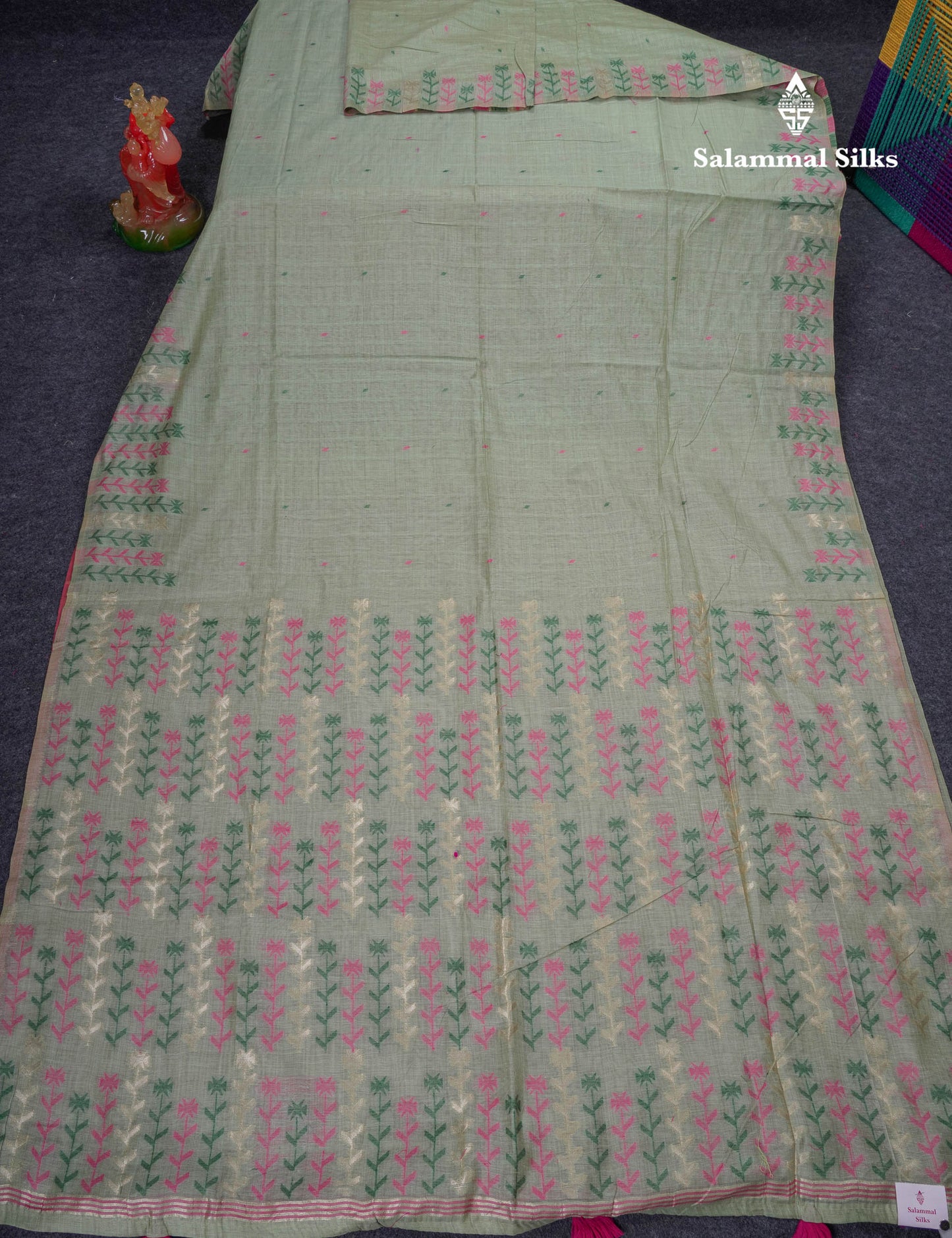 Beautiful Light Yellow Menakari Thread Work Butta Muga Cotton Saree With Contrast Pink Blouse