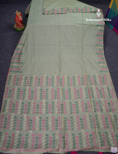 Beautiful Light Yellow Menakari Thread Work Butta Muga Cotton Saree With Contrast Pink Blouse