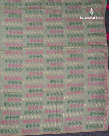 Beautiful Light Yellow Menakari Thread Work Butta Muga Cotton Saree With Contrast Pink Blouse