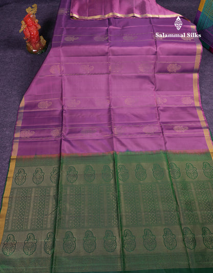 Beautiful Violet Pure Mix Kanjivaram Soft Silk Saree With Contrast Bottle Green Blouse