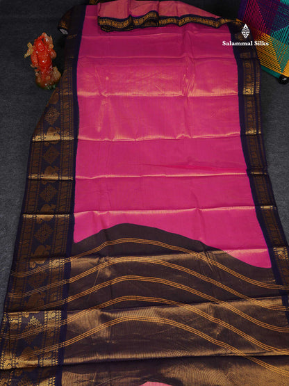 Sungudi Cotton Saree - Pink Colour Body Vaira Oosi Lines With Navy Blue Traditional Evening Morning Border