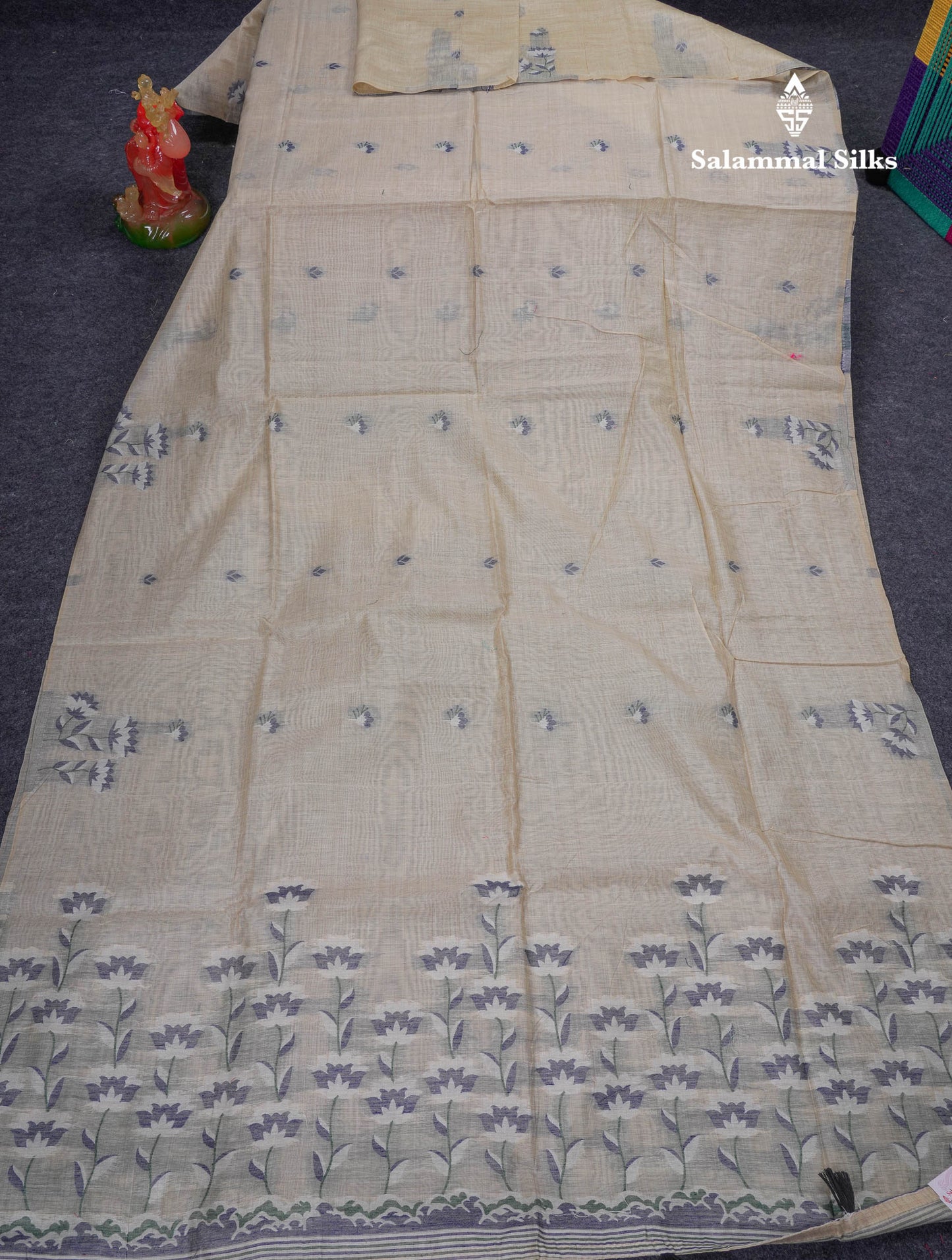 Beautiful Cream Sandal Thread Work Cotton Mix Saree With Contrast Navy Blue Blouse