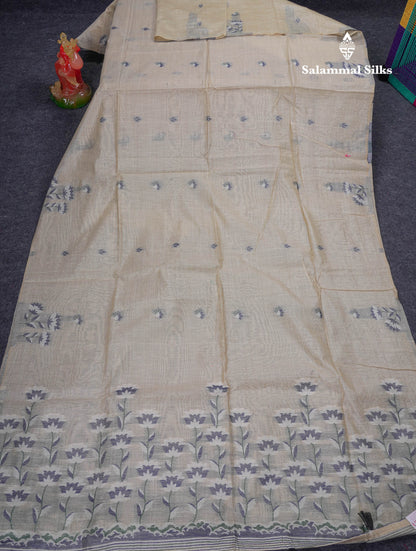 Beautiful Cream Sandal Thread Work Cotton Mix Saree With Contrast Navy Blue Blouse
