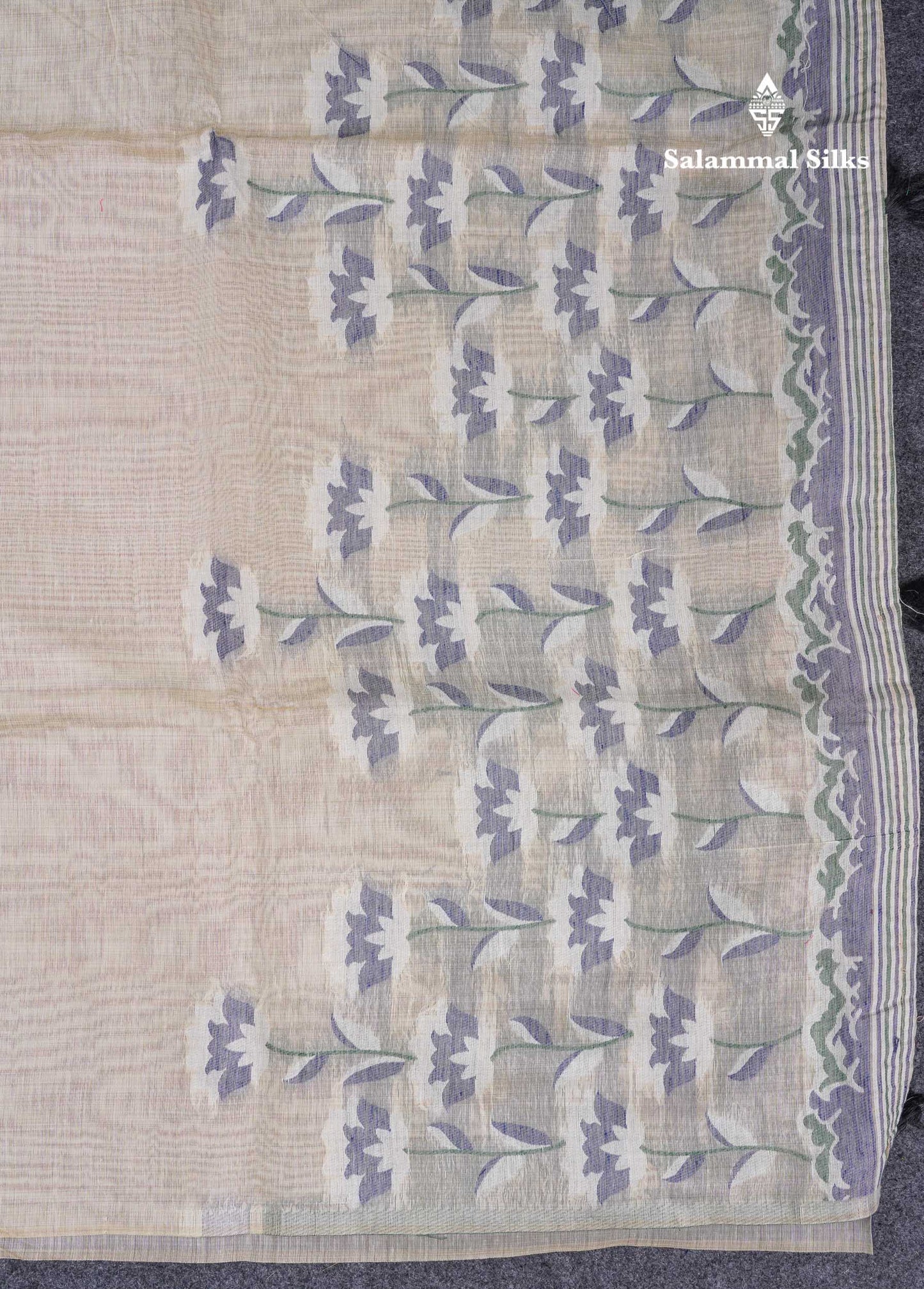Beautiful Cream Sandal Thread Work Cotton Mix Saree With Contrast Navy Blue Blouse