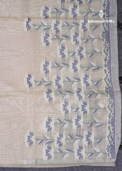 Beautiful Cream Sandal Thread Work Cotton Mix Saree With Contrast Navy Blue Blouse