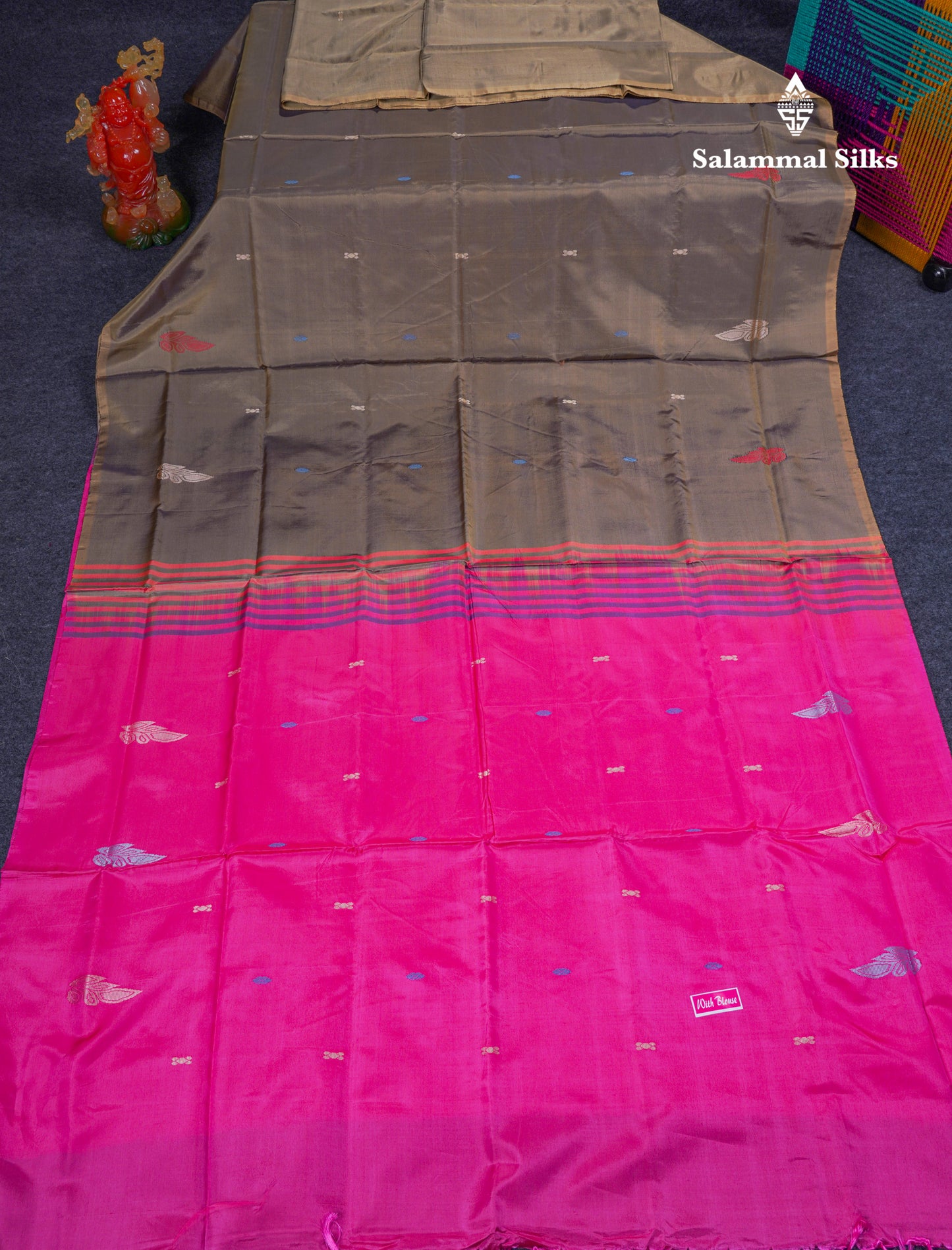 Olive Mustard Yellow Thread work Buttas Banana Pinth Saree (Vaazhainaar Pattu) With Contrast Magenta Pink Blouse