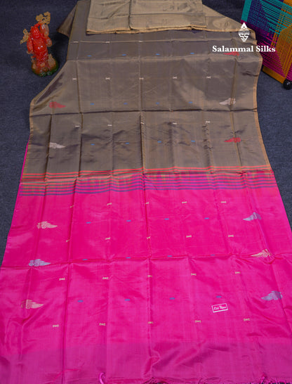 Olive Mustard Yellow Thread work Buttas Banana Pinth Saree (Vaazhainaar Pattu) With Contrast Magenta Pink Blouse