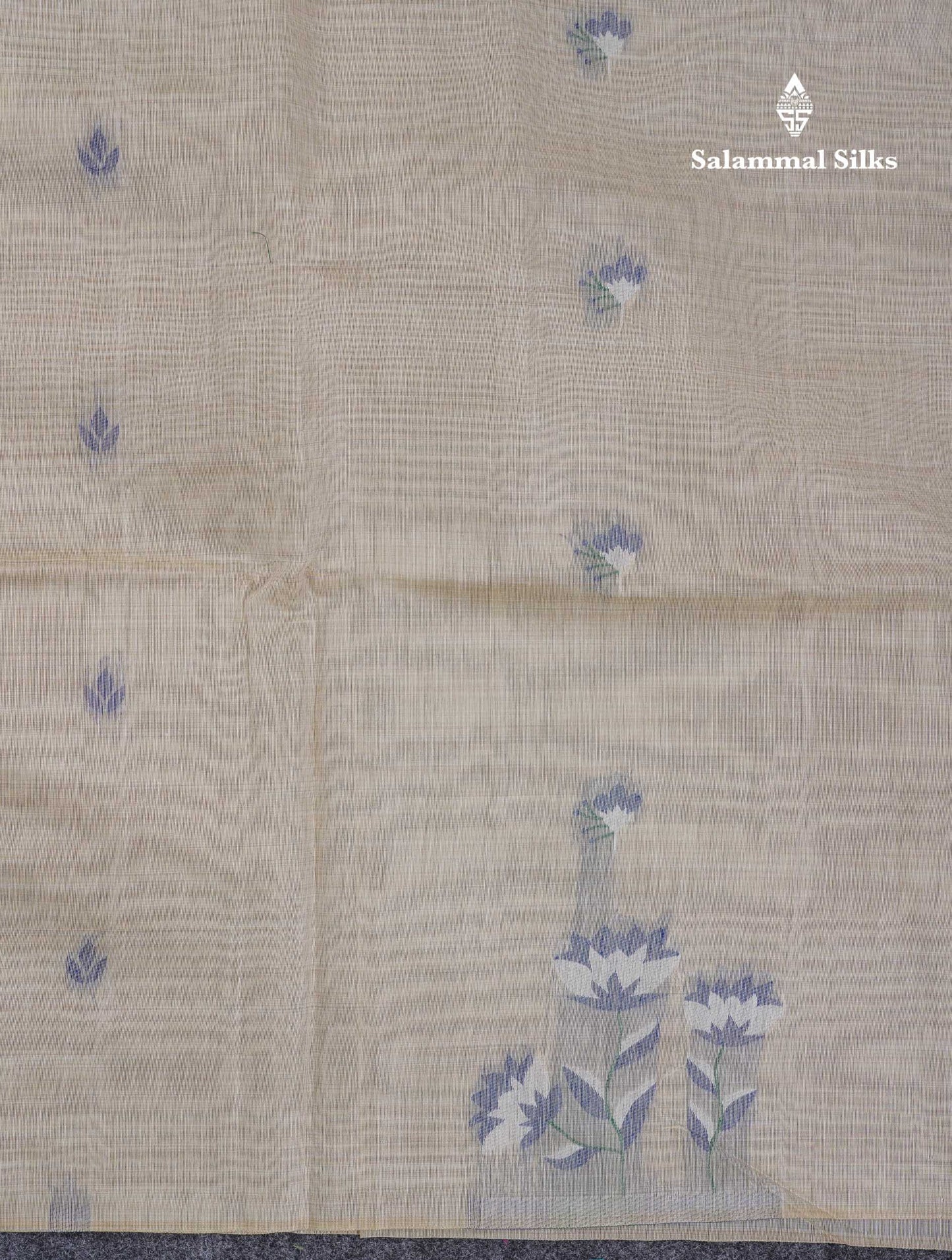 Beautiful Cream Sandal Thread Work Cotton Mix Saree With Contrast Navy Blue Blouse