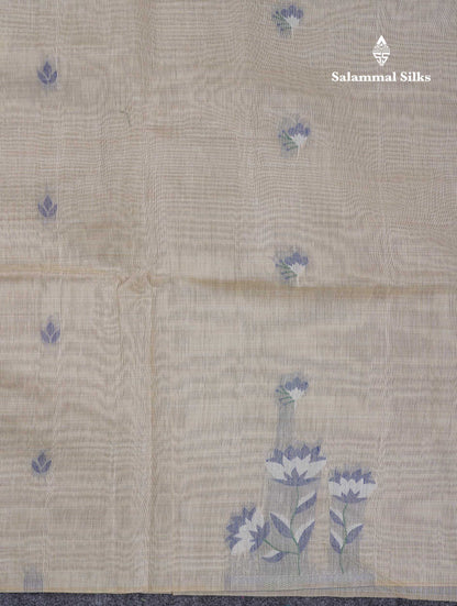 Beautiful Cream Sandal Thread Work Cotton Mix Saree With Contrast Navy Blue Blouse