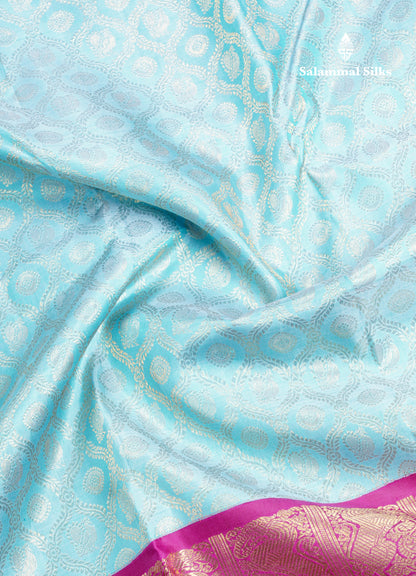 Light Ramar Blue Bridal Pure Kanjivaram Silk Saree 2G Zari With Magenta Traditional Long Border