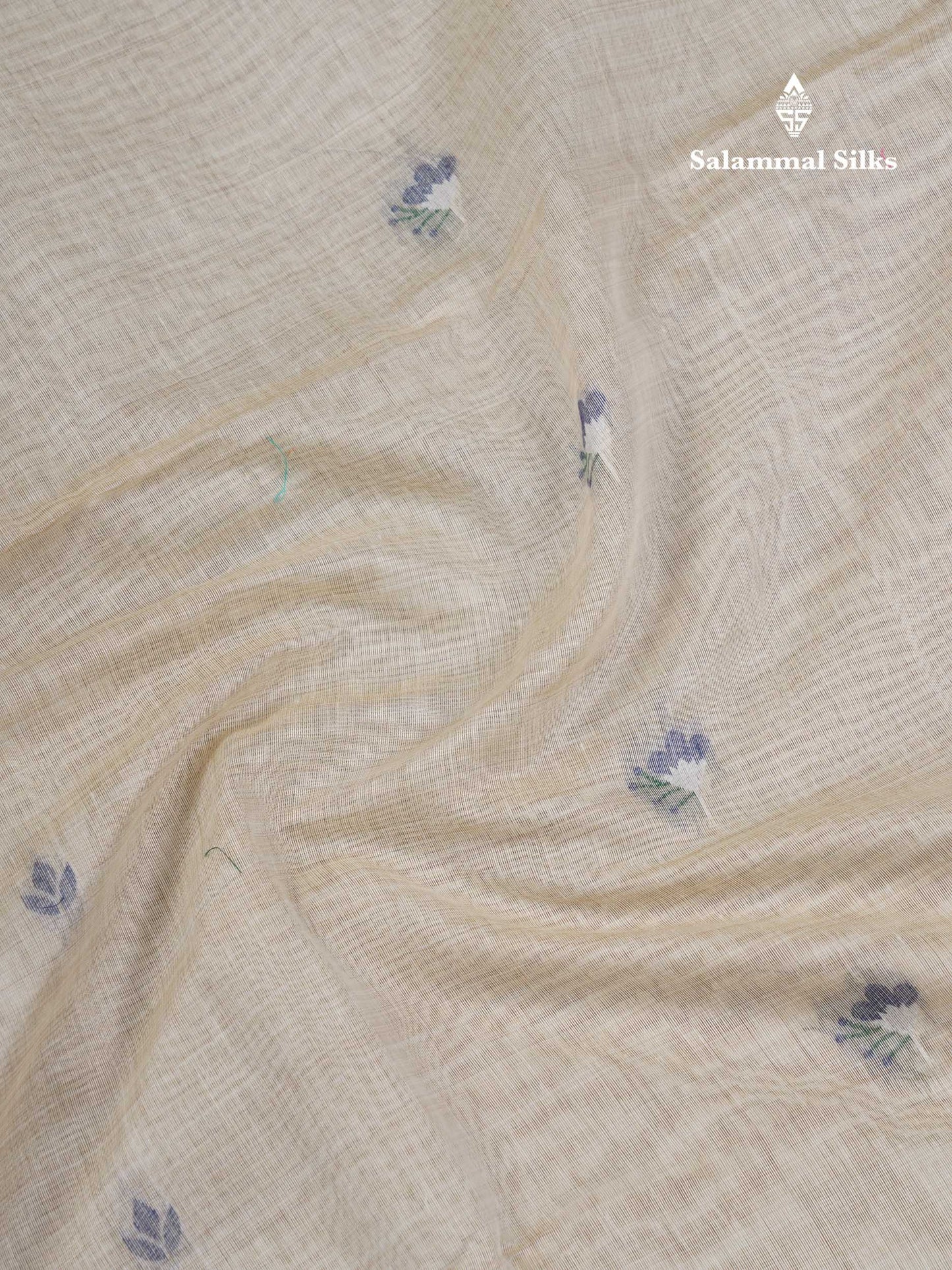 Beautiful Cream Sandal Thread Work Cotton Mix Saree With Contrast Navy Blue Blouse