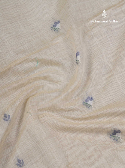 Beautiful Cream Sandal Thread Work Cotton Mix Saree With Contrast Navy Blue Blouse