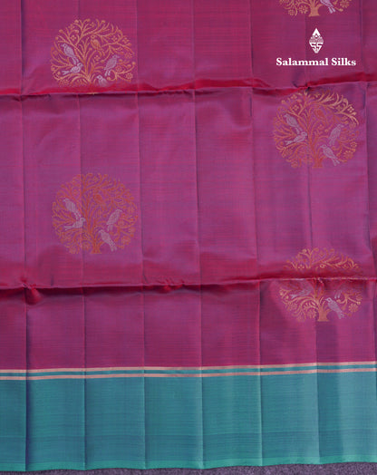 Beautiful Purple PureMix Kanjivaram Soft Silk Saree With Contrast Dual Tone Peacock Green Fancy Border