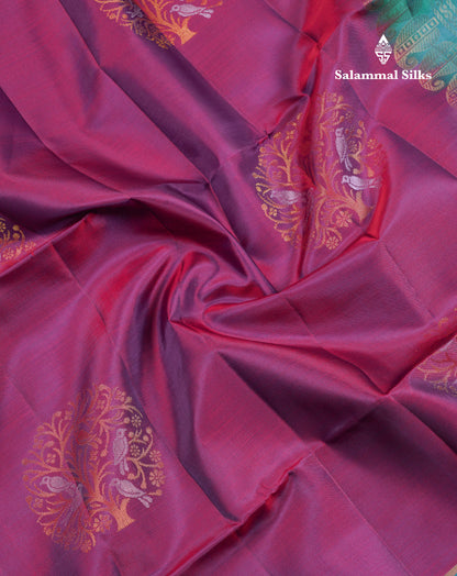 Beautiful Purple PureMix Kanjivaram Soft Silk Saree With Contrast Dual Tone Peacock Green Fancy Border