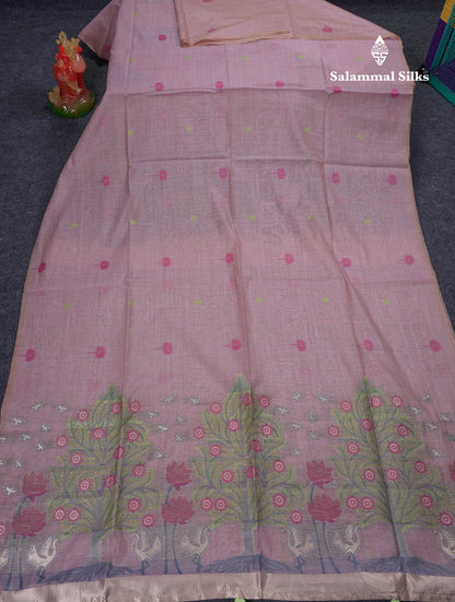 Beautiful Light Lavender Thread Work Butta Muga Cotton Saree With Blouse