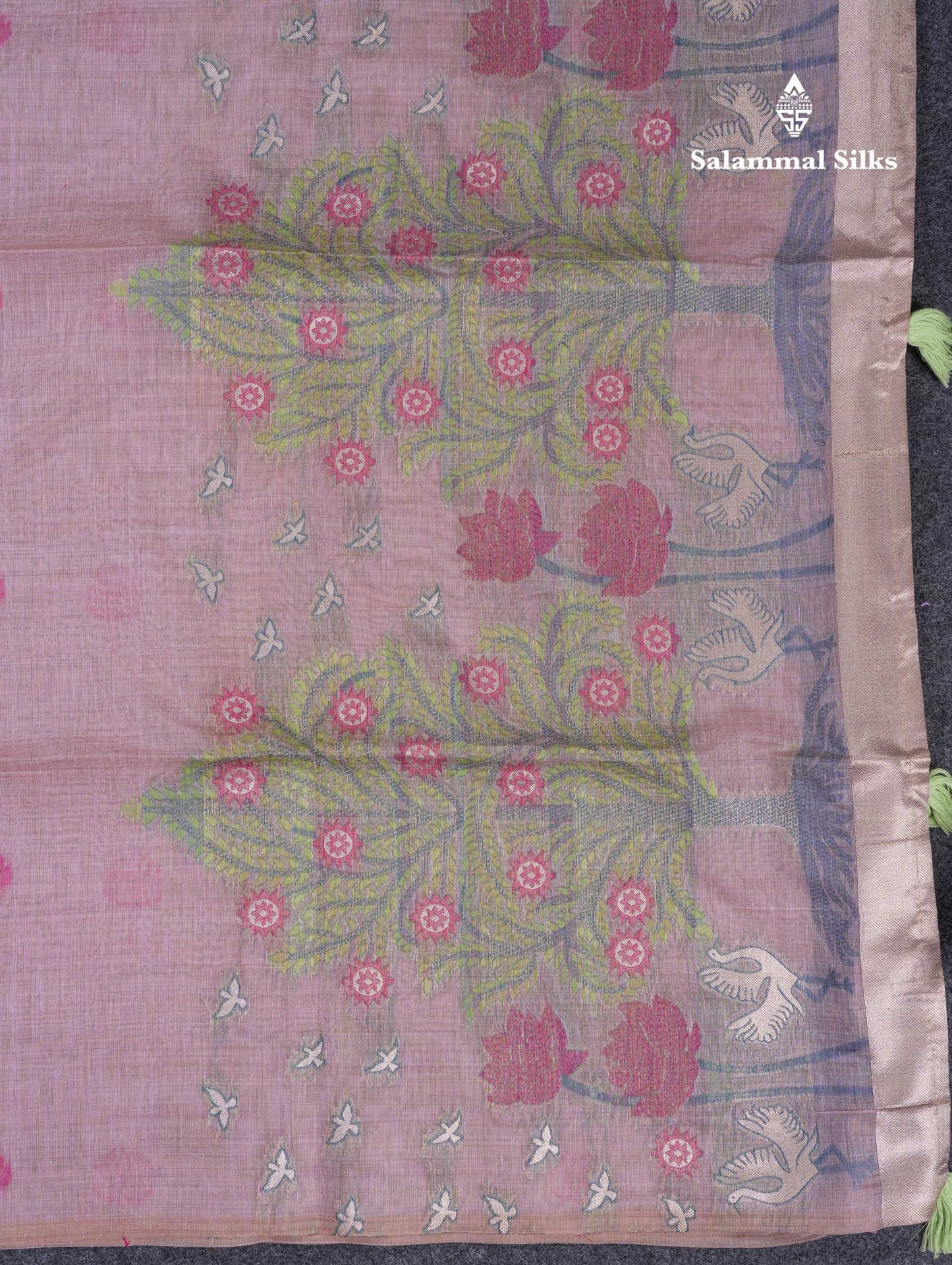 Beautiful Light Lavender Thread Work Butta Muga Cotton Saree With Blouse