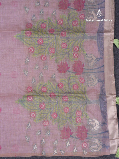 Beautiful Light Lavender Thread Work Butta Muga Cotton Saree With Blouse