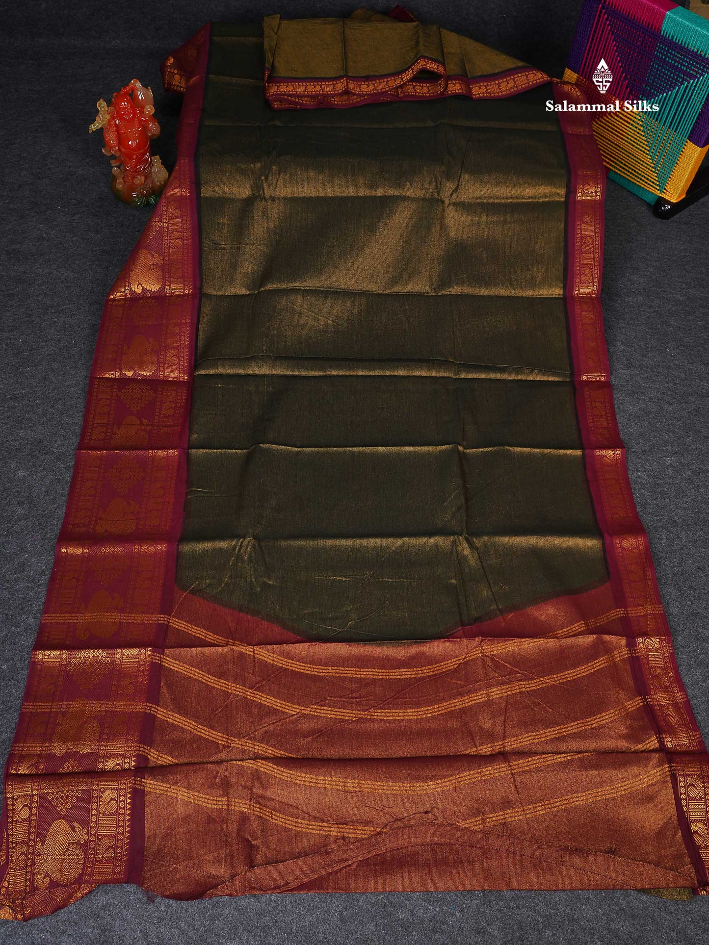 Sungudi Cotton Saree - Bottle Green Colour Body Vaira Oosi Lines With Maroon Traditional Evening Morning Border