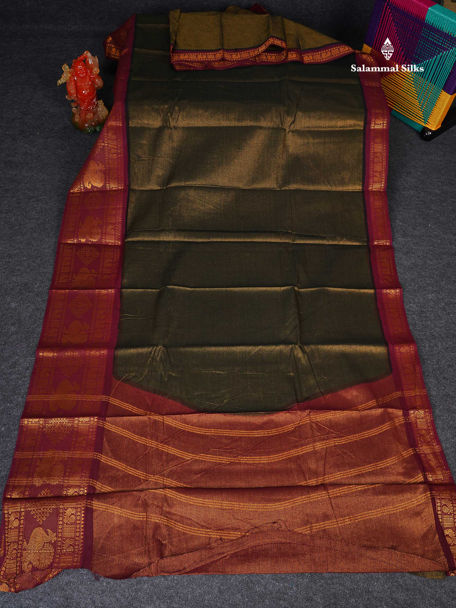 Sungudi Cotton Saree - Bottle Green Colour Body Vaira Oosi Lines With Maroon Traditional Evening Morning Border