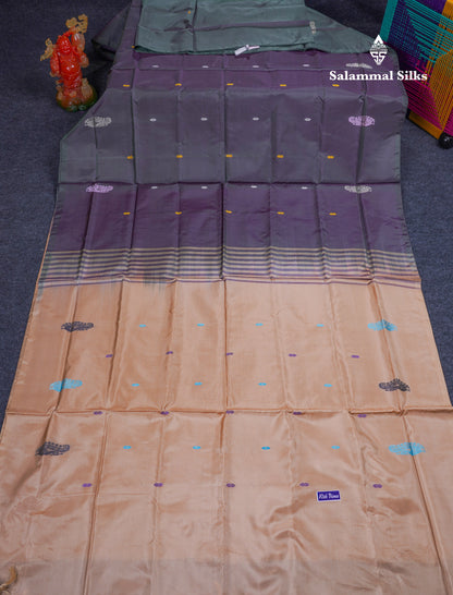 Dual Tone Violet Thread work Buttas Banana Pinth Saree (Vaazhainaar Pattu) With Contrast Beige Blouse