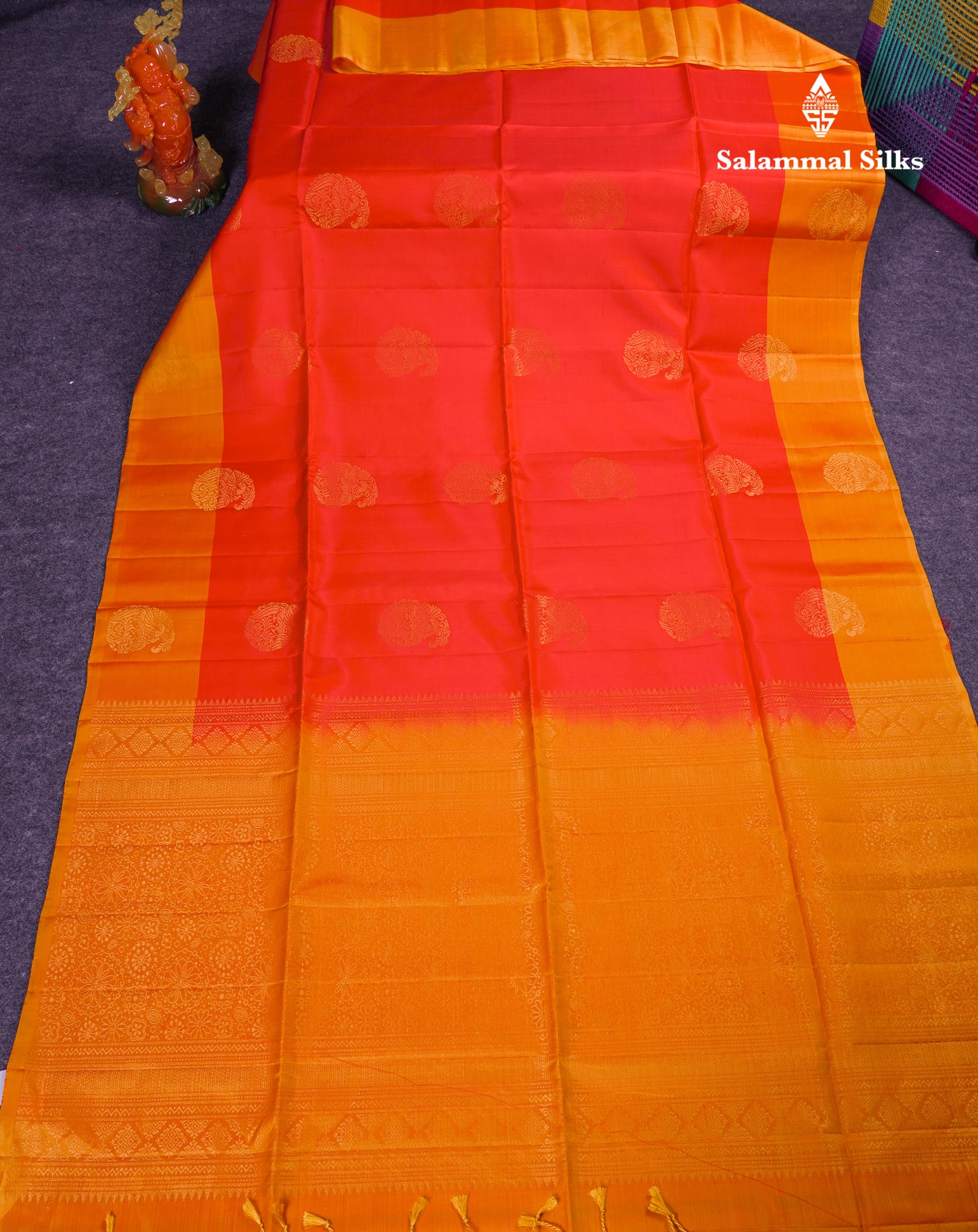 Beautiful Dual Tone Red Pure Mix Kanjivaram Soft Silk Saree With Contrast Orange Fancy Border