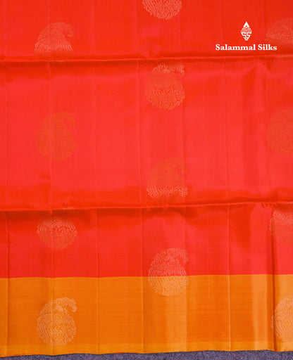 Beautiful Dual Tone Red Pure Mix Kanjivaram Soft Silk Saree With Contrast Orange Fancy Border