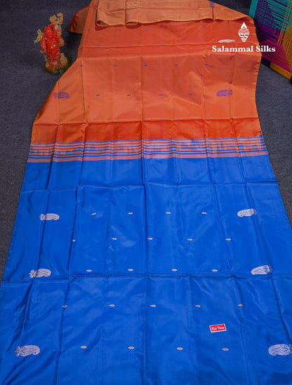 Orange Thread work Buttas Banana Pinth Saree (Vaazhainaar Pattu) With Contrast Royal Blue Blouse