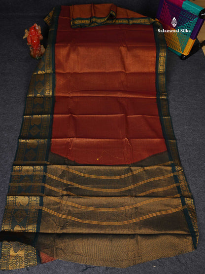 Sungudi Cotton Saree - Maroon Colour Body Vaira Oosi Lines With Bottle Green Traditional Evening Morning Border