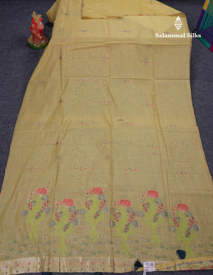 Beautiful Light Yellow Menakari Work Muga Cotton Saree With Contrast Ramar Blue Blouse