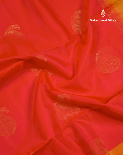 Beautiful Dual Tone Red Pure Mix Kanjivaram Soft Silk Saree With Contrast Orange Fancy Border