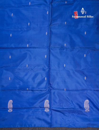 Orange Thread work Buttas Banana Pinth Saree (Vaazhainaar Pattu) With Contrast Royal Blue Blouse