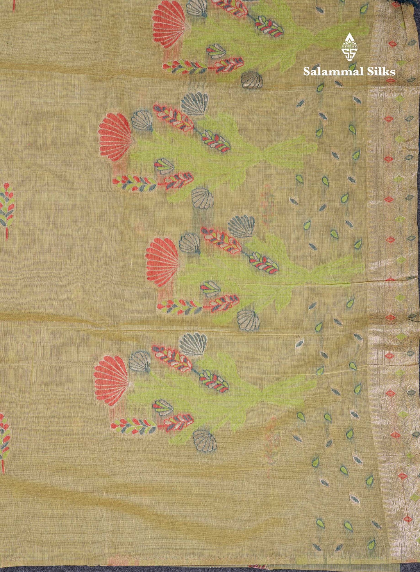 Beautiful Light Yellow Menakari Work Muga Cotton Saree With Contrast Ramar Blue Blouse