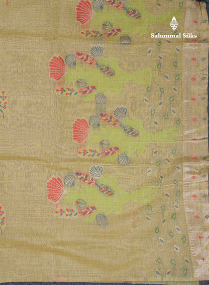 Beautiful Light Yellow Menakari Work Muga Cotton Saree With Contrast Ramar Blue Blouse