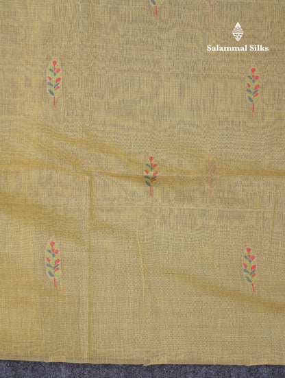 Beautiful Light Yellow Menakari Work Muga Cotton Saree With Contrast Ramar Blue Blouse