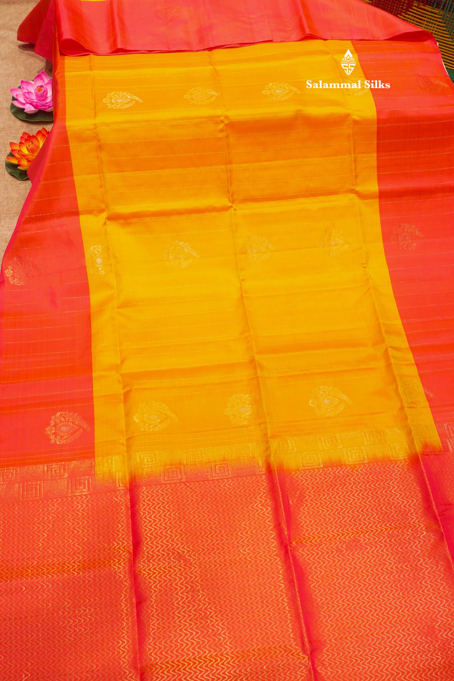 Mango Yellow Colour Pure Kanjivaram Soft Silk Saree With Pinkish Orange Border