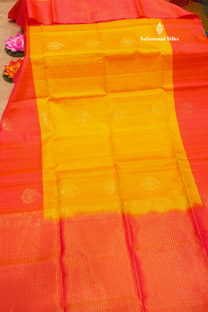 Mango Yellow Colour Pure Kanjivaram Soft Silk Saree With Pinkish Orange Border