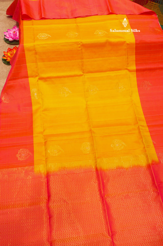 Mango Yellow Colour Pure Kanjivaram Soft Silk Saree With Pinkish Orange Border