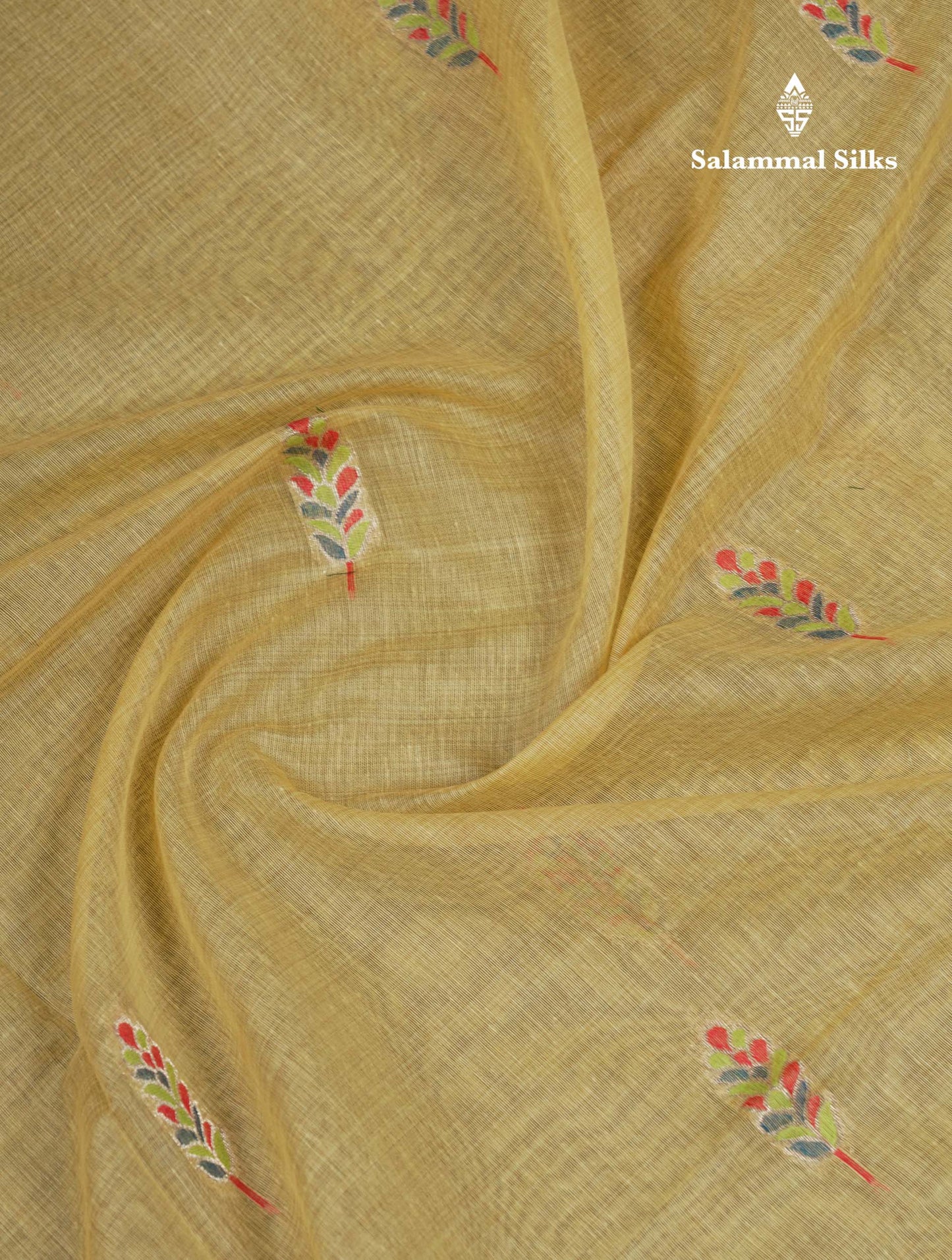 Beautiful Light Yellow Menakari Work Muga Cotton Saree With Contrast Ramar Blue Blouse