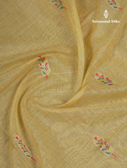 Beautiful Light Yellow Menakari Work Muga Cotton Saree With Contrast Ramar Blue Blouse