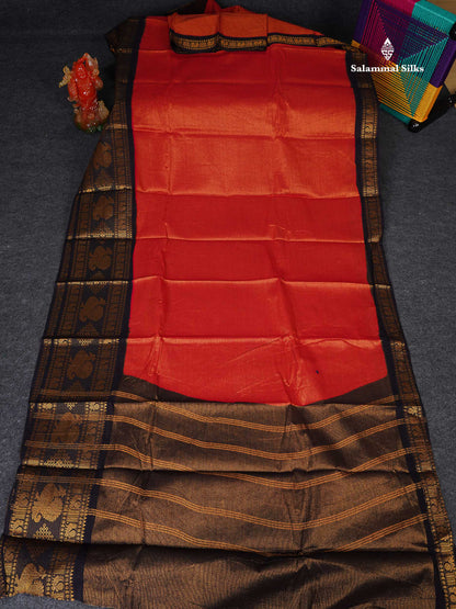 Sungudi Cotton Saree - Dual Tone  Red  Colour Body Vaira Oosi Lines With Black Traditional Evening Morning Border