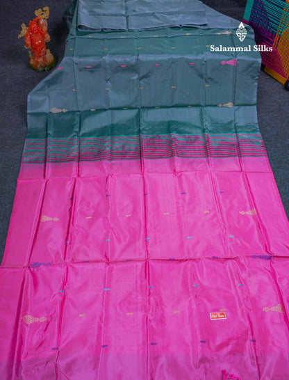 Grey Thread work Buttas Banana Pinth Saree (Vaazhainaar Pattu) With Contrast Magenta Pink Blouse