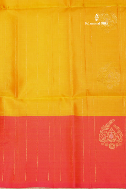Mango Yellow Colour Pure Kanjivaram Soft Silk Saree With Pinkish Orange Border