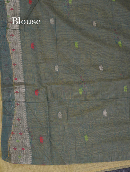 Beautiful Light Yellow Menakari Work Muga Cotton Saree With Contrast Ramar Blue Blouse