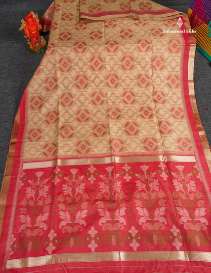 Cotton Mix Saree - Sandal Colour Body With Contrast Tomato Red Blouse