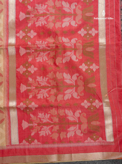 Cotton Mix Saree - Sandal Colour Body With Contrast Tomato Red Blouse