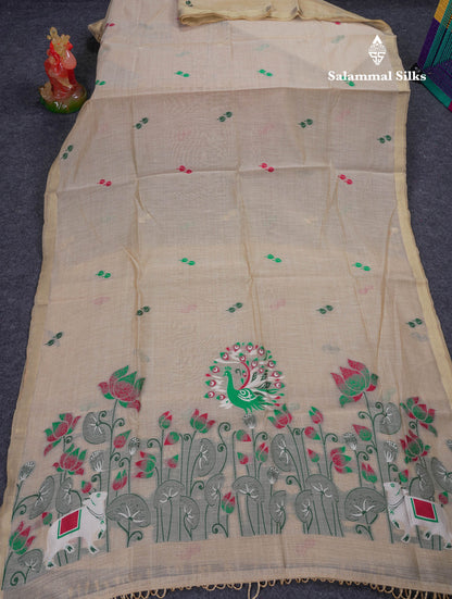 Beautiful Cream Sandal Menakari Work Muga Cotton Saree With Blouse